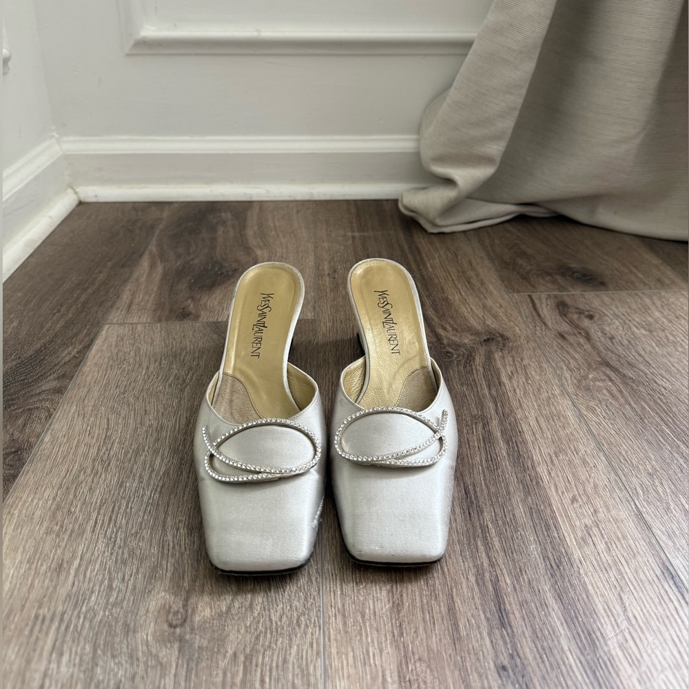 Yves Saint Laurent Ivory Satin Crystal-Trim Slip-On Mules - Picture 2 of 13